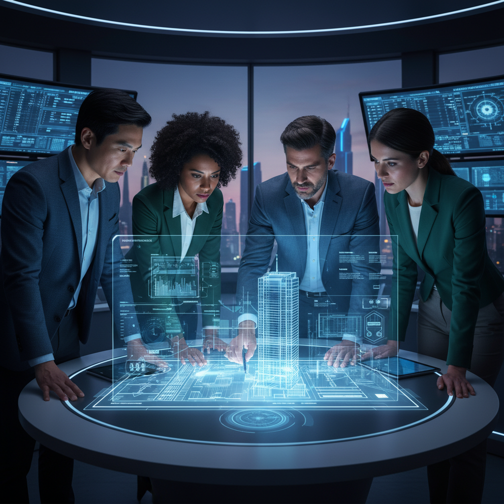 A diverse team of five professionals in a modern office, gathered around a holographic blueprint of a skyscraper, planning intently.