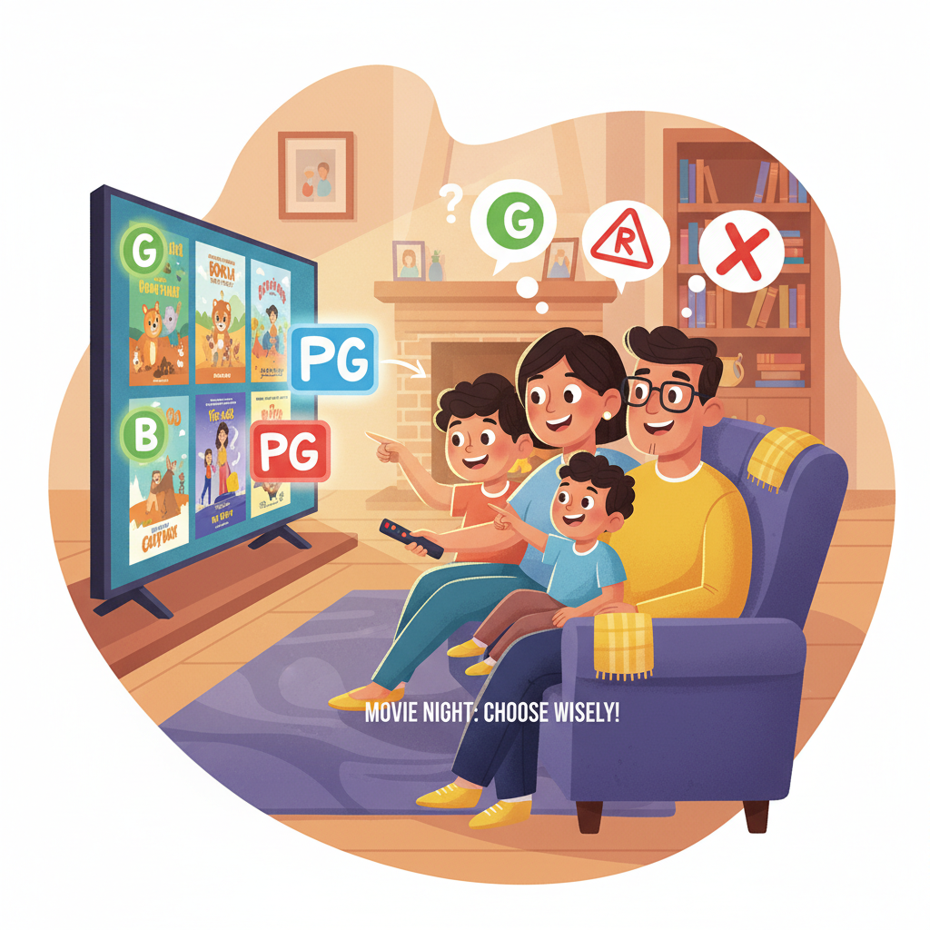 A family discusses movie options, with various movie ratings visible on screen, highlighting the importance of film ratings for family viewing.