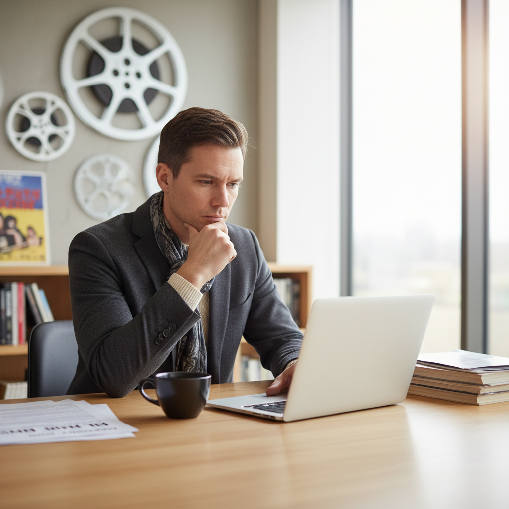 A film critic in a modern office, thoughtfully considering a movie review on a tablet.