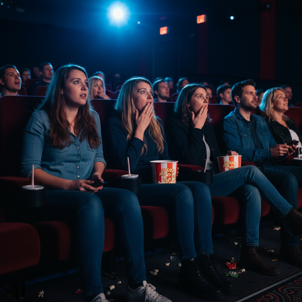 A group of diverse moviegoers in a dark cinema, their faces showing intense emotional reactions to a thrilling scene on screen.