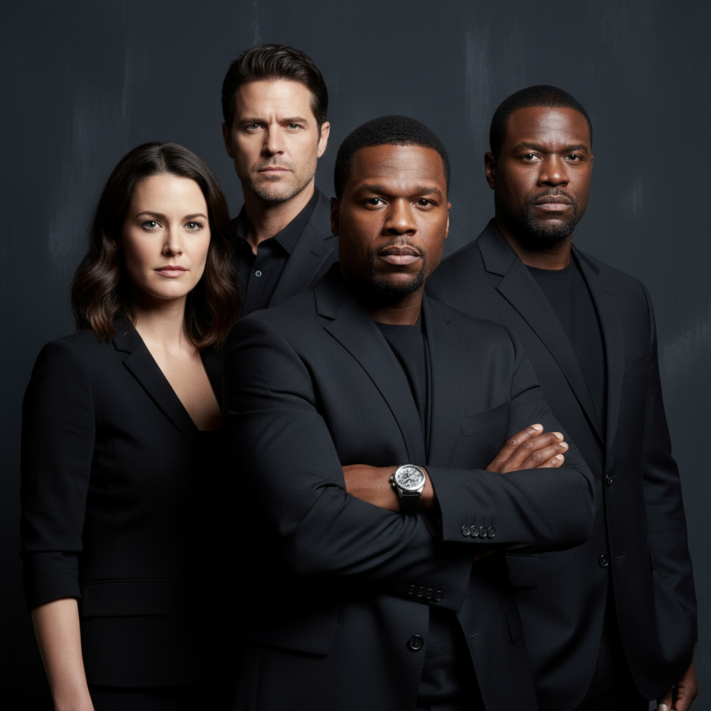 A group of supporting actors from the movie Escape Plan, including Jim Caviezel and Curtis '50 Cent' Jackson, posed for a professional photograph.