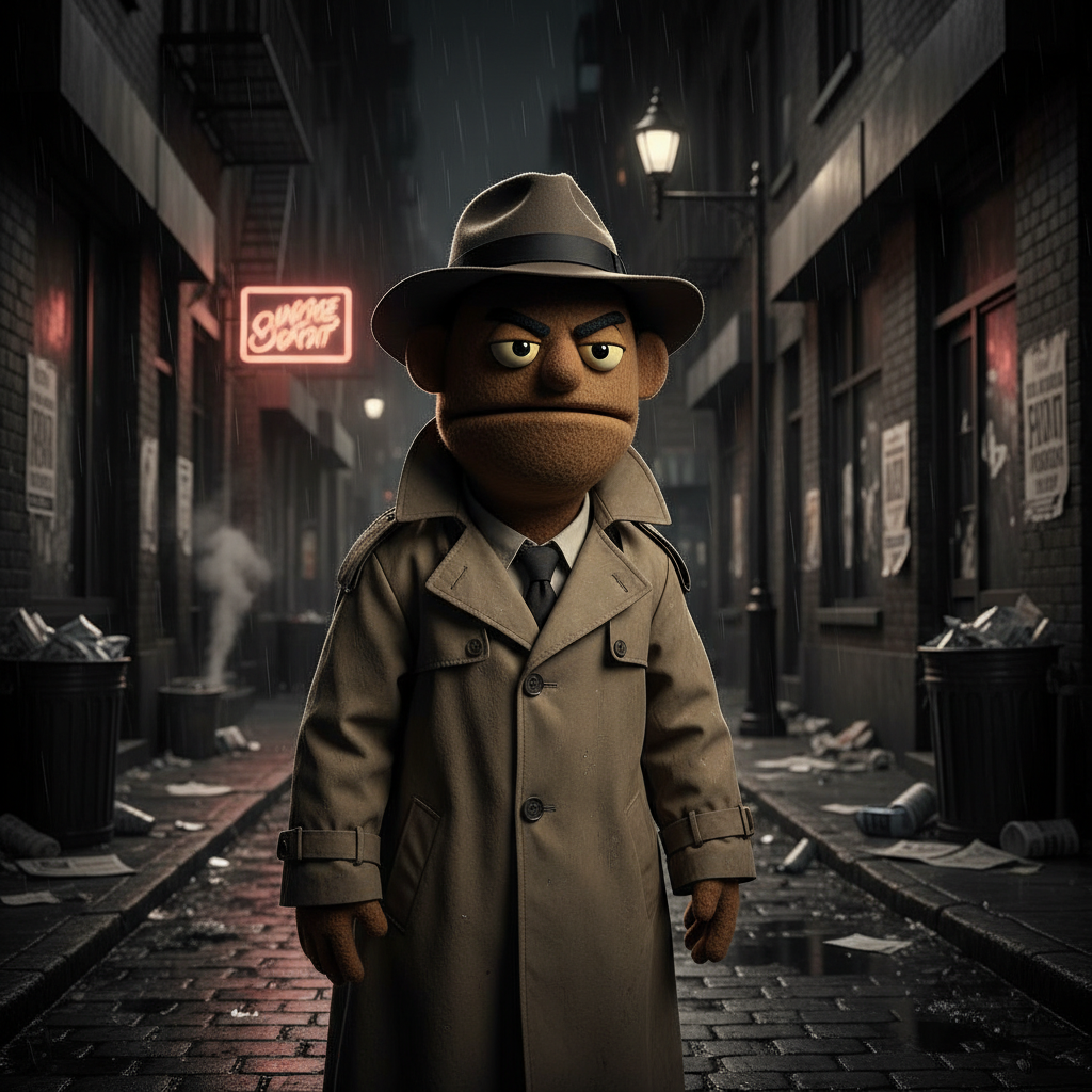 A grumpy felt puppet detective in a fedora and trench coat stands in a dimly lit, rain-slicked alley, in a film noir style.
