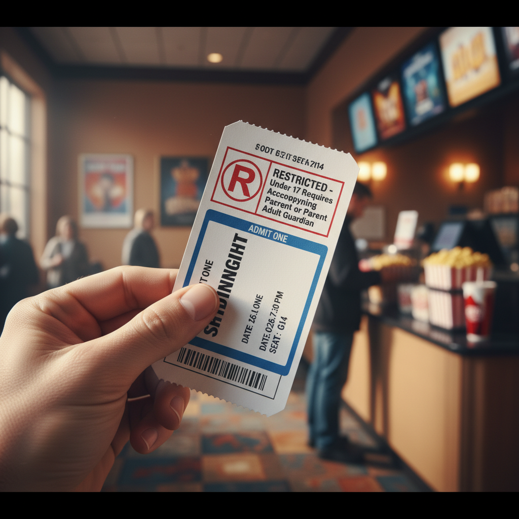 A hand holding a movie ticket with the prominent 'R' rating symbol.