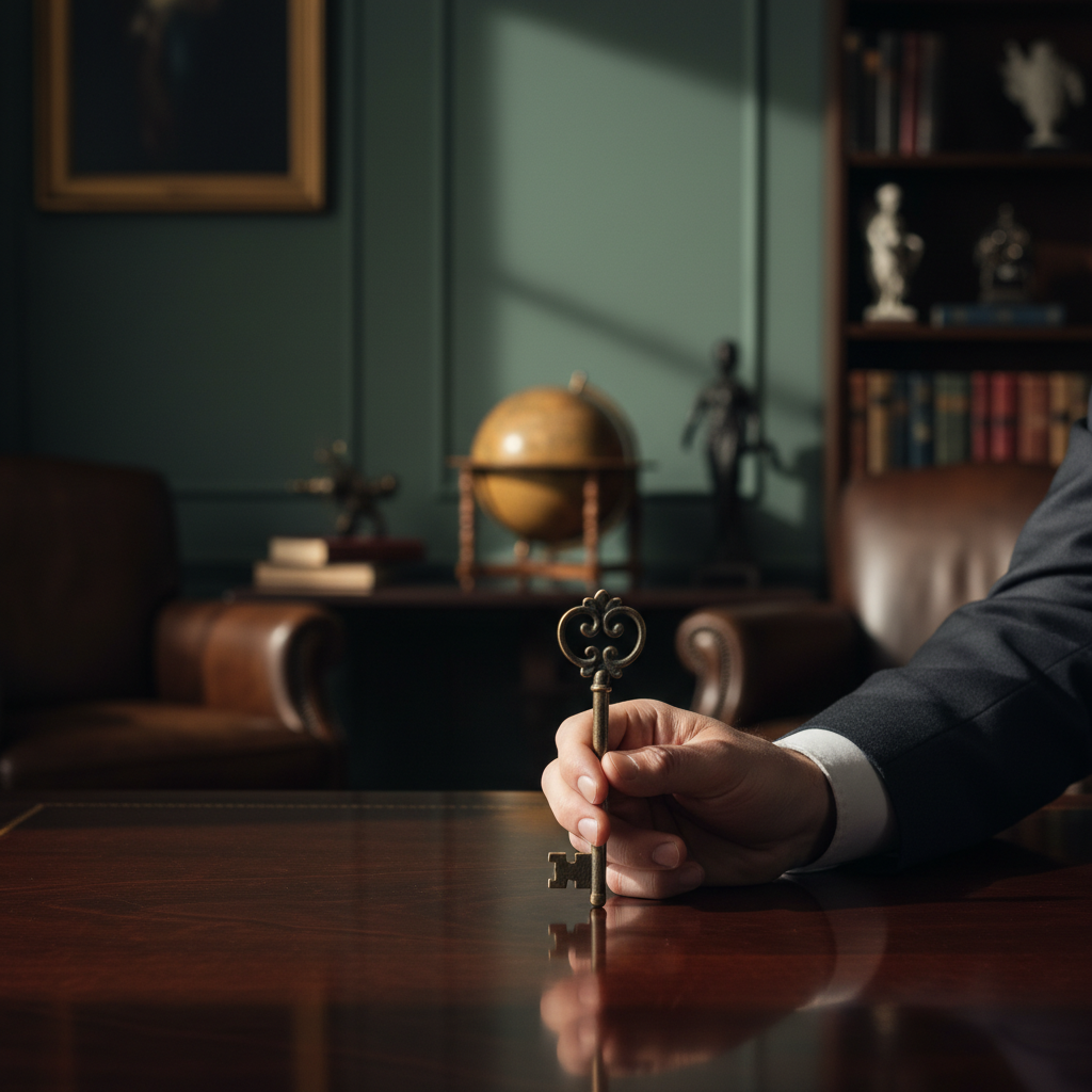 A hand holds an antique-looking key on a dark, polished desk, conveying mystery and high stakes.