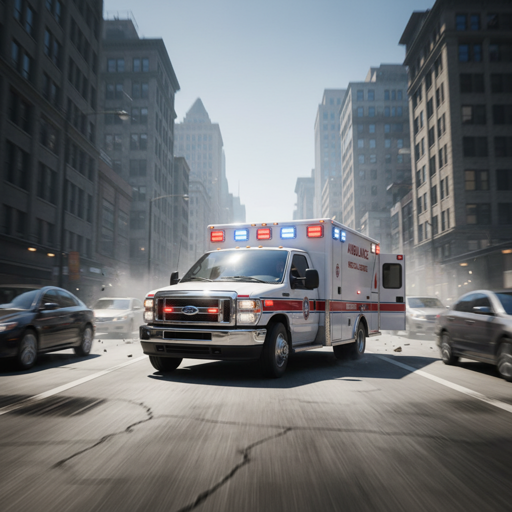 A high-speed chase scene featuring a white emergency ambulance on a city highway.