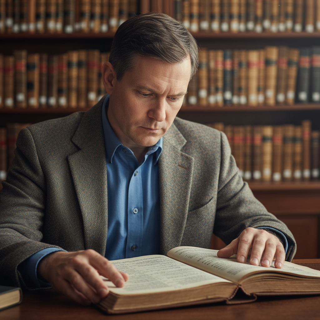 A historian in a library, intently reading an old book.
