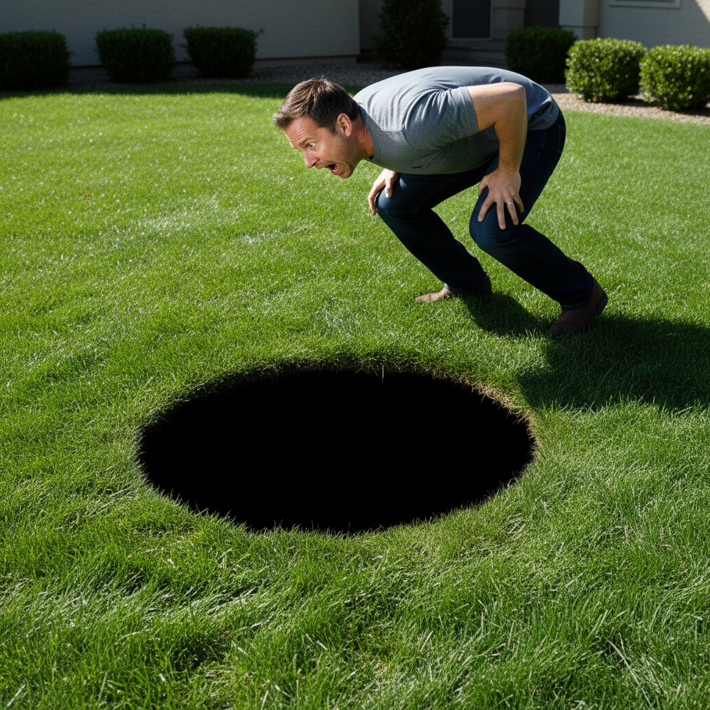 A man looking with shock and disbelief into a dark, deep hole in a perfectly manicured suburban lawn, hinting at a disturbing discovery.
