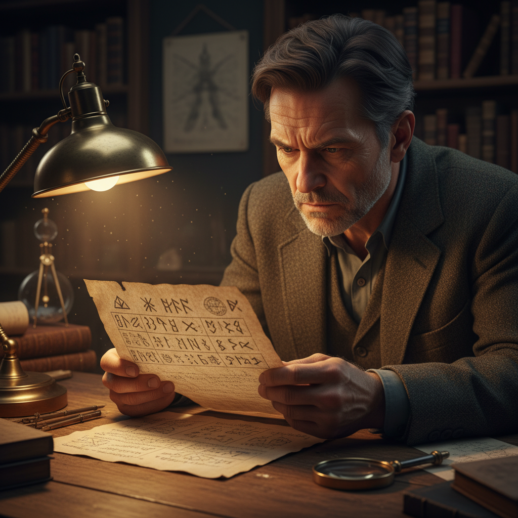A man with a serious expression intently studies a document filled with cryptic numbers under a desk lamp.