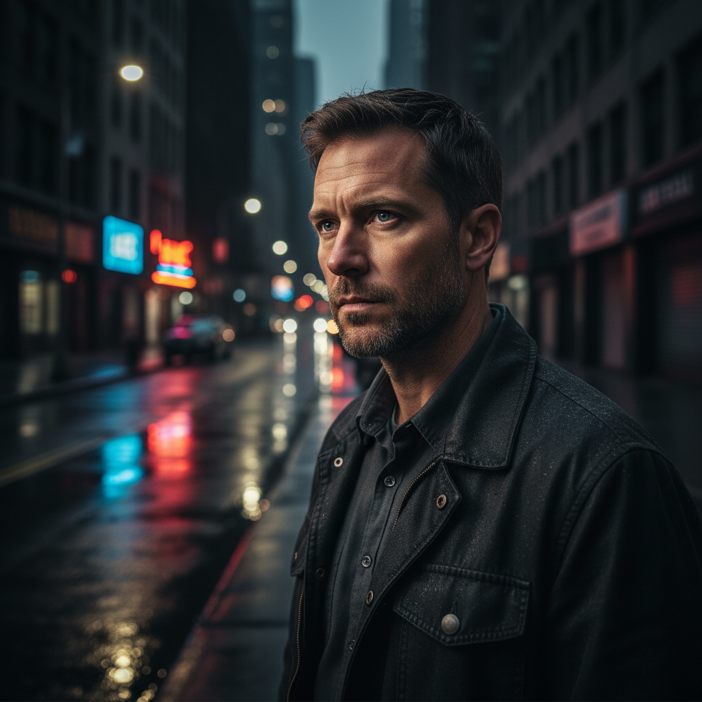 A man with an intense gaze stands on a rainy city street at night, evoking a detective or investigator in a political thriller.