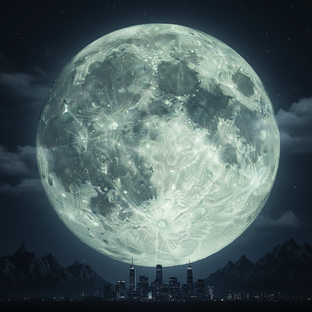 A massive, detailed full moon looms dramatically in a dark sky above a silhouetted Earthly landscape, conveying an epic and foreboding atmosphere.