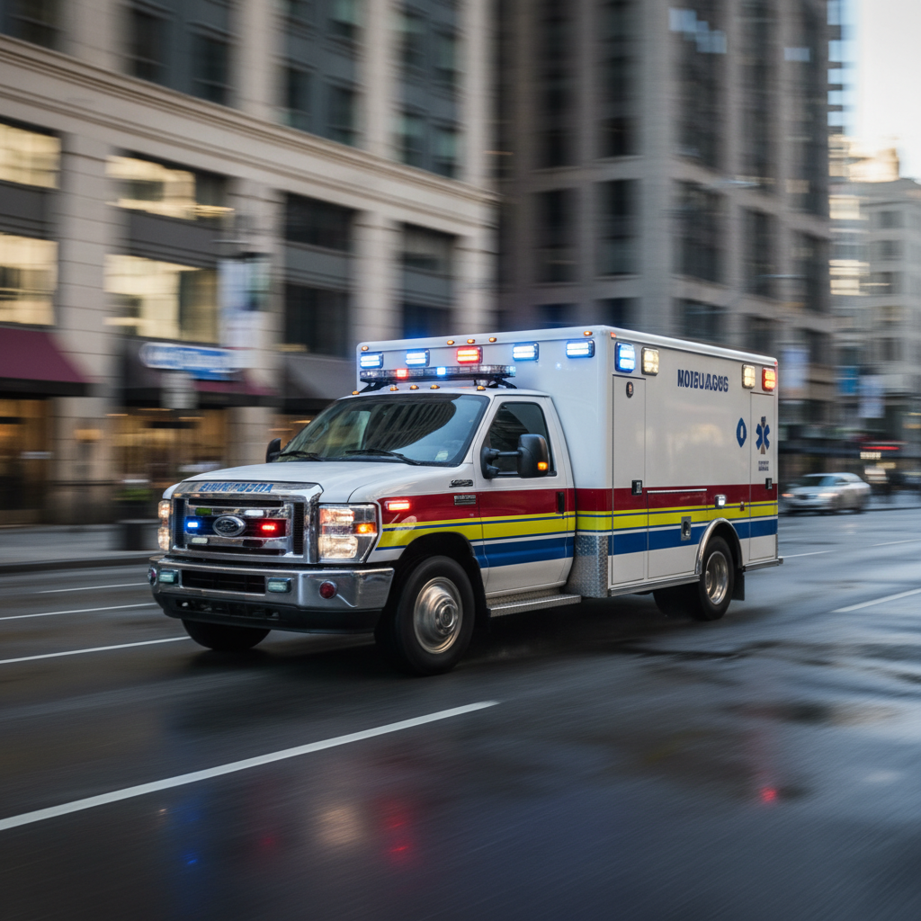 A modern ambulance speeding through a city street with emergency lights flashing, conveying urgency and high-stakes action.