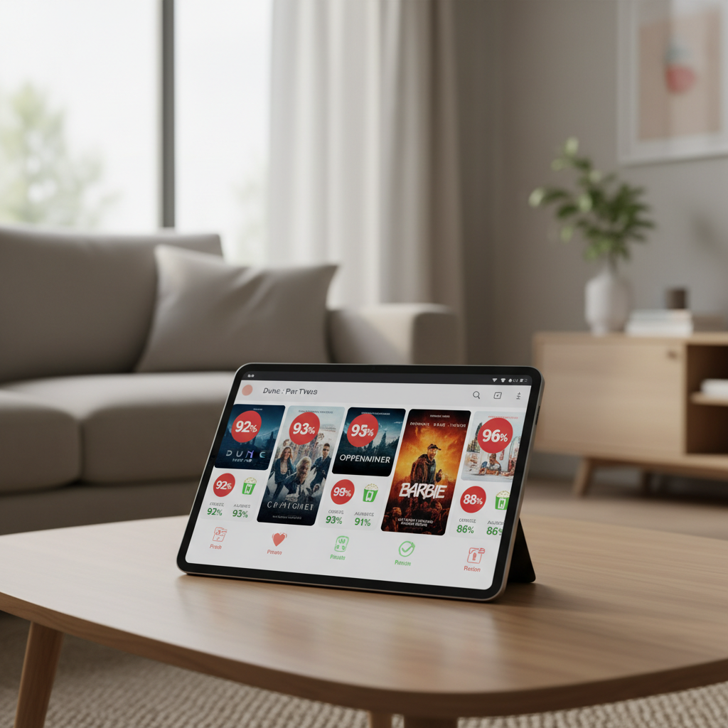 A modern tablet displaying Rotten Tomatoes movie scores and ratings in a stylish, comfortable setting.