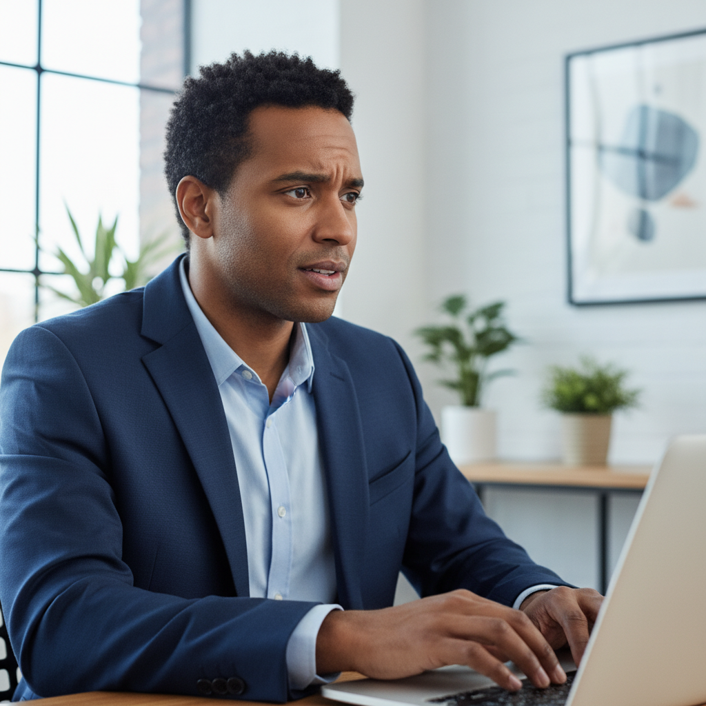A person in a modern office environment looking thoughtfully surprised, as if realizing something important.