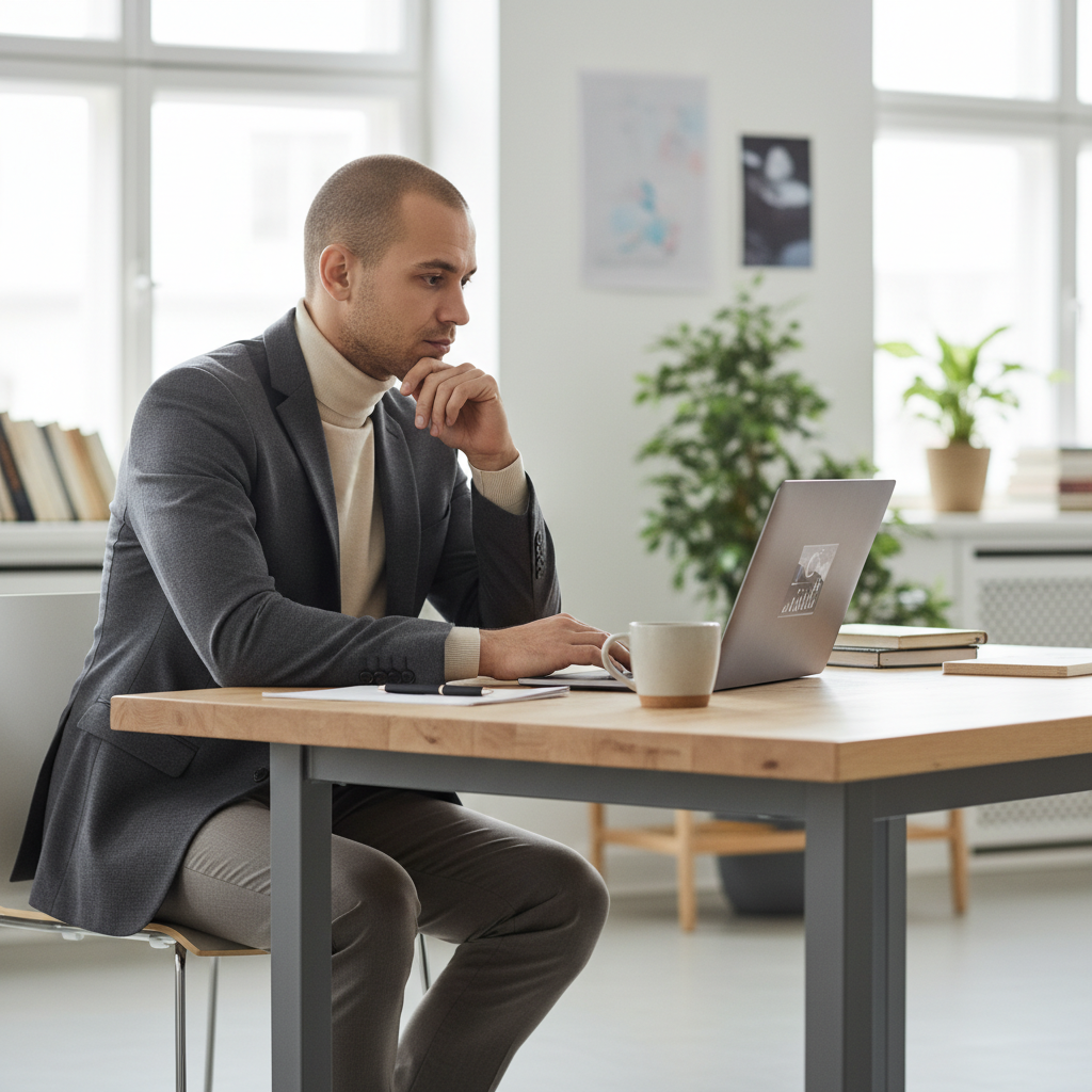 A person thoughtfully considering content on a laptop screen in a modern workspace.