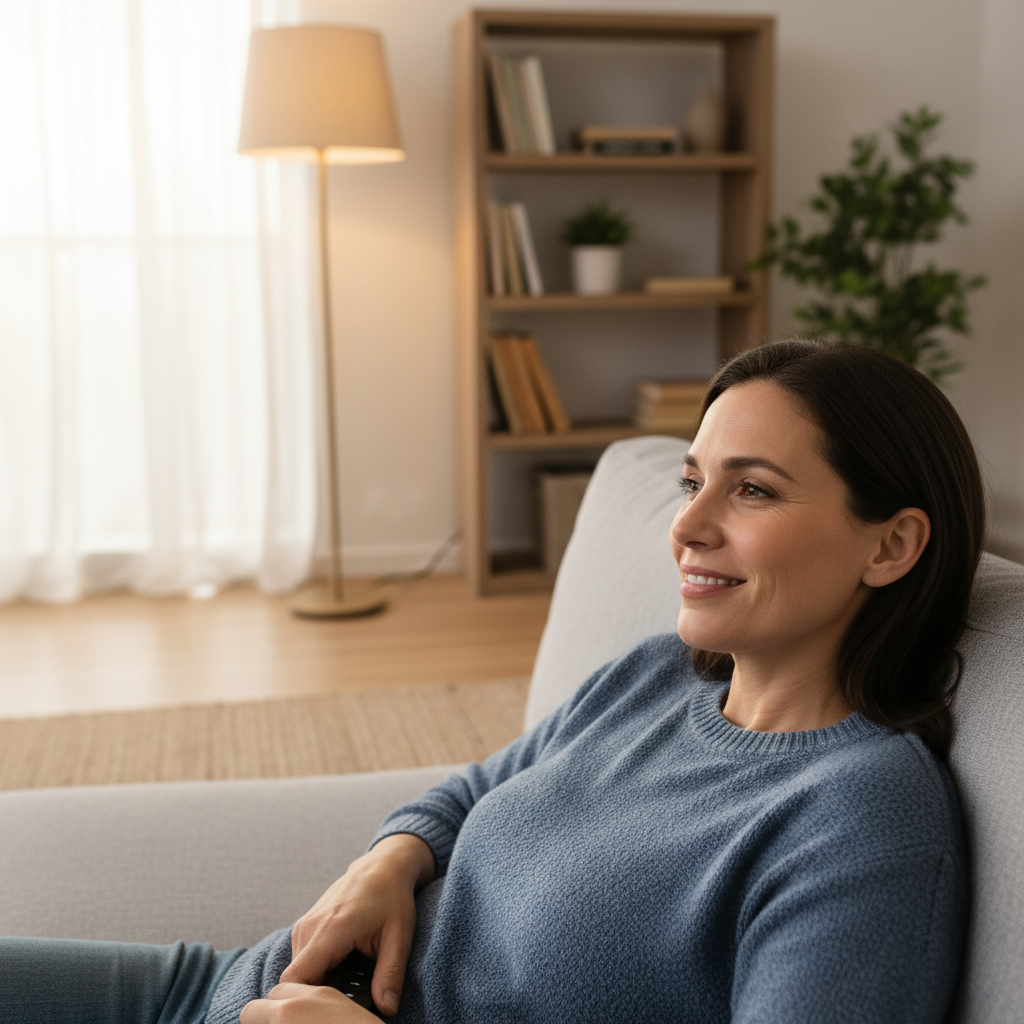 A person with a satisfied, thoughtful expression holding a remote control in a living room, reflecting on a movie.