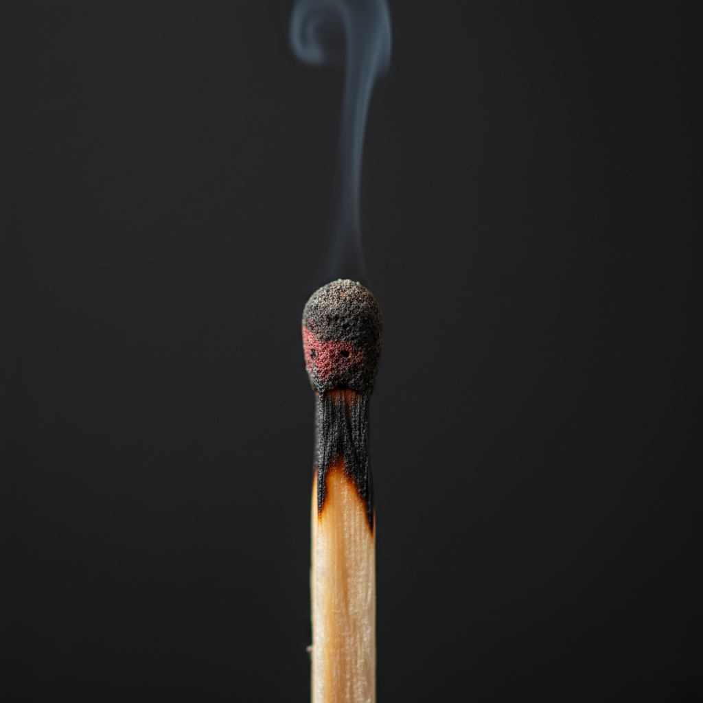 A photorealistic close-up of a slightly charred match head, indicating a failed ignition, against a dark background.