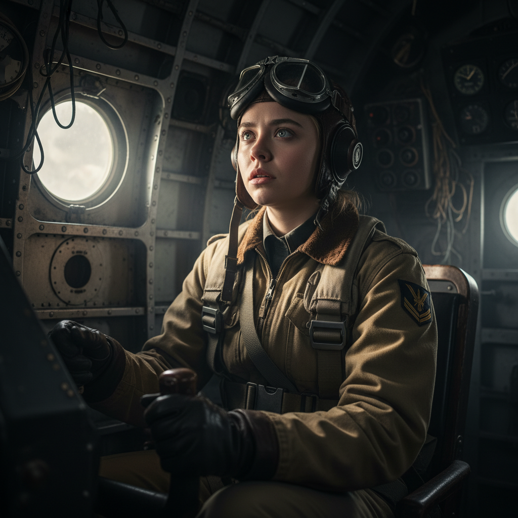 A photorealistic image of a determined female flight officer in a WWII bomber, sensing an unseen threat.