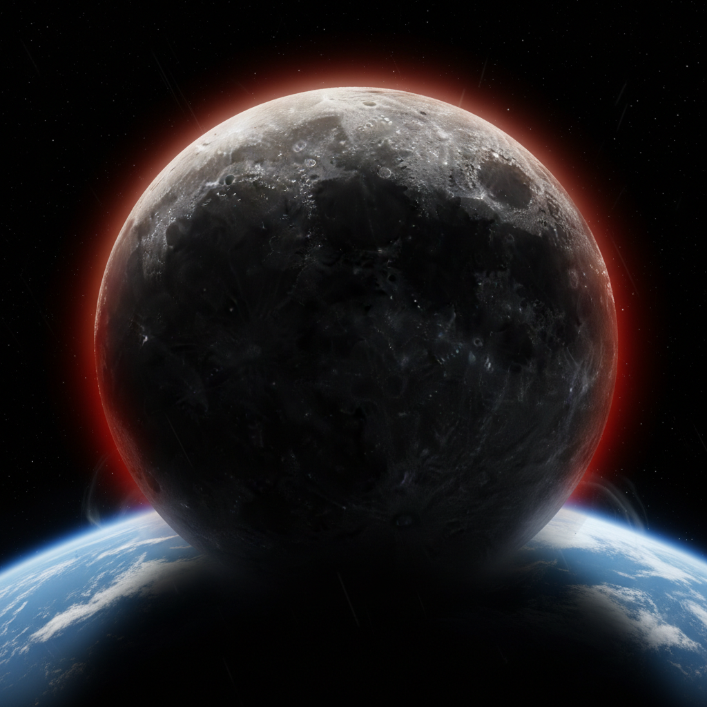 A photorealistic image of a massive moon, appearing dangerously close to Earth, hinting at an impending cosmic disaster.
