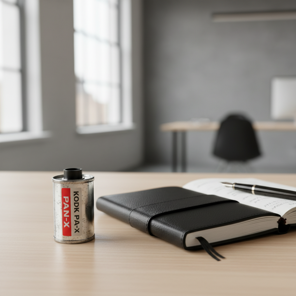 A photorealistic image of a vintage film roll canister next to a notebook and pen on a minimalist desk, symbolizing movie review.