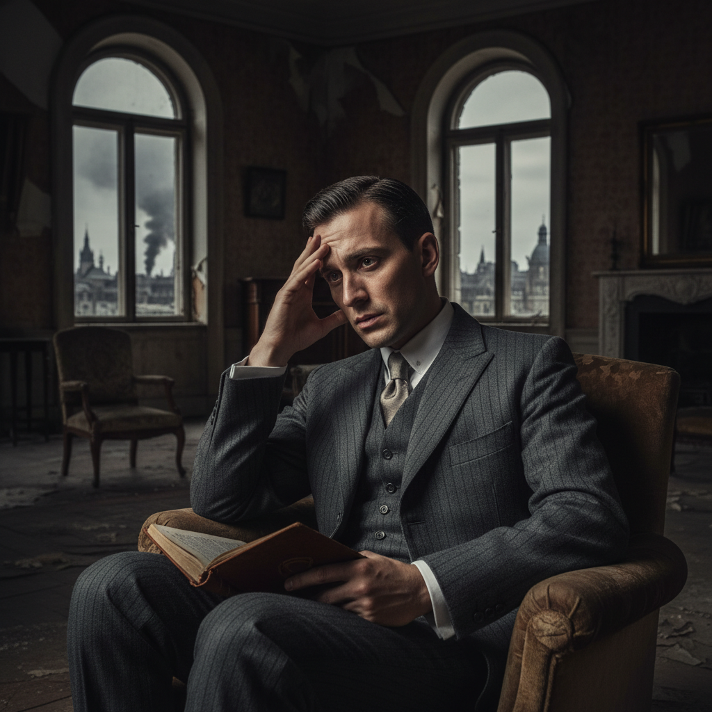 A photorealistic portrait of a troubled man in 1930s-era European attire in a grand, somber room, conveying moral distress.