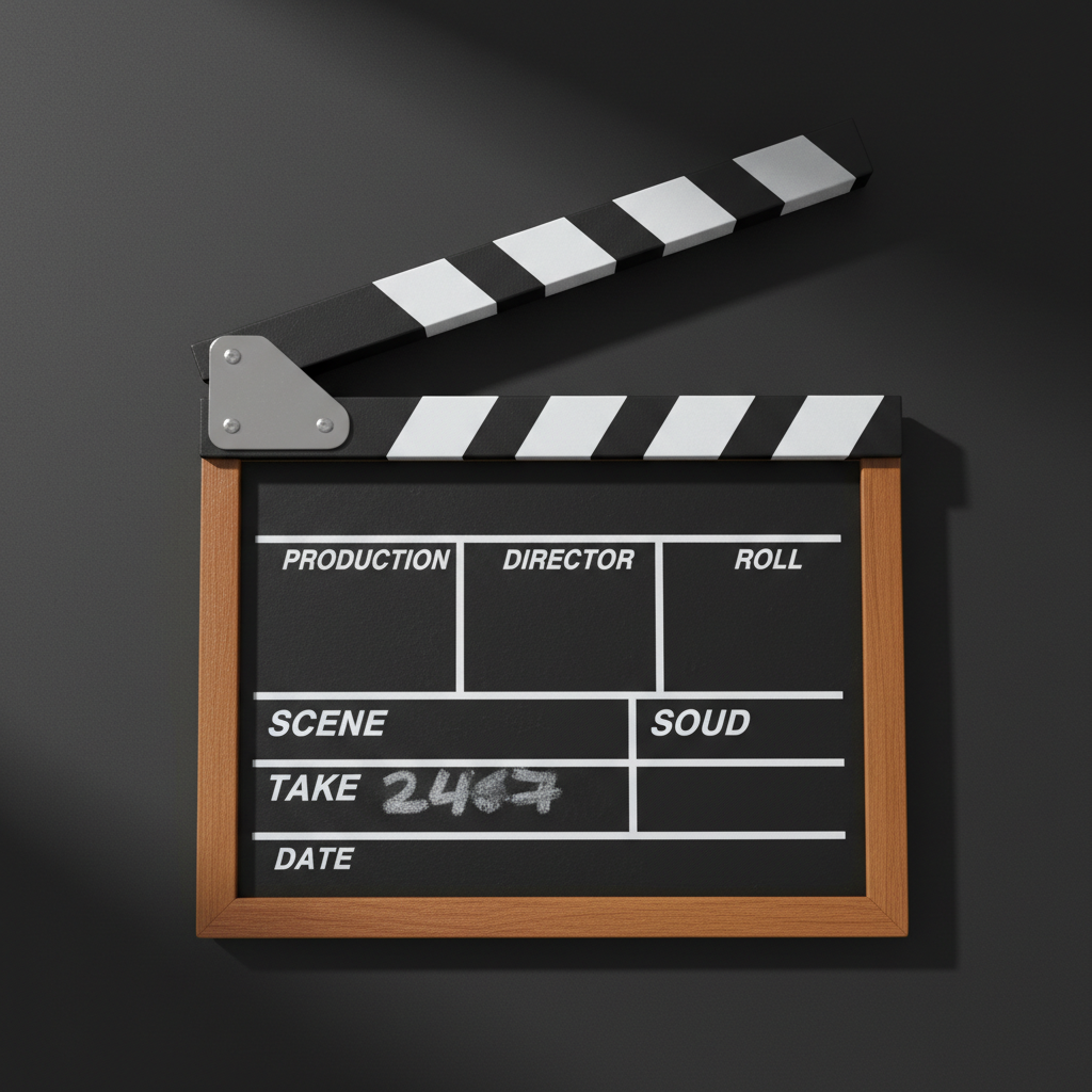 A photorealistic shot of an open film clapperboard with chalk markings, set against a dark, minimalist background.