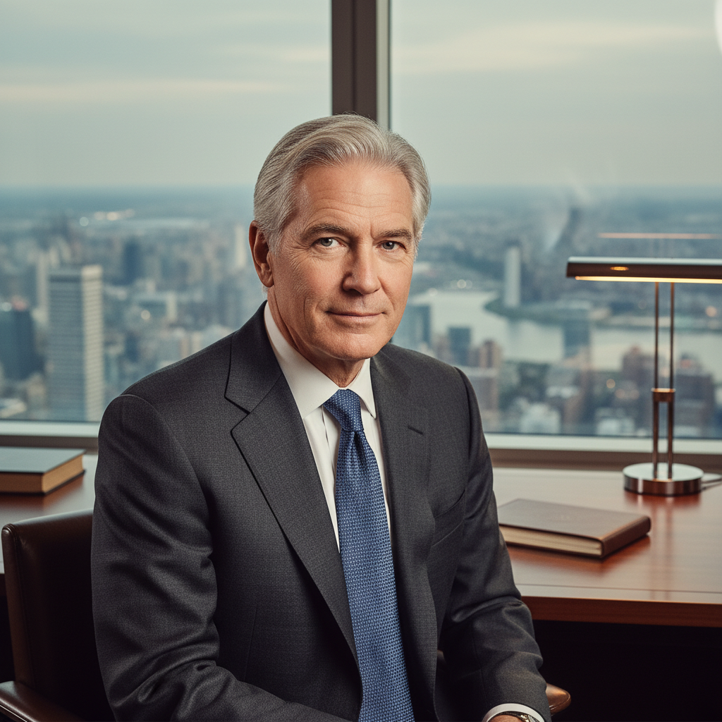 A powerful-looking older man in a sharp suit sits in a modern executive office with a city view, representing political authority.