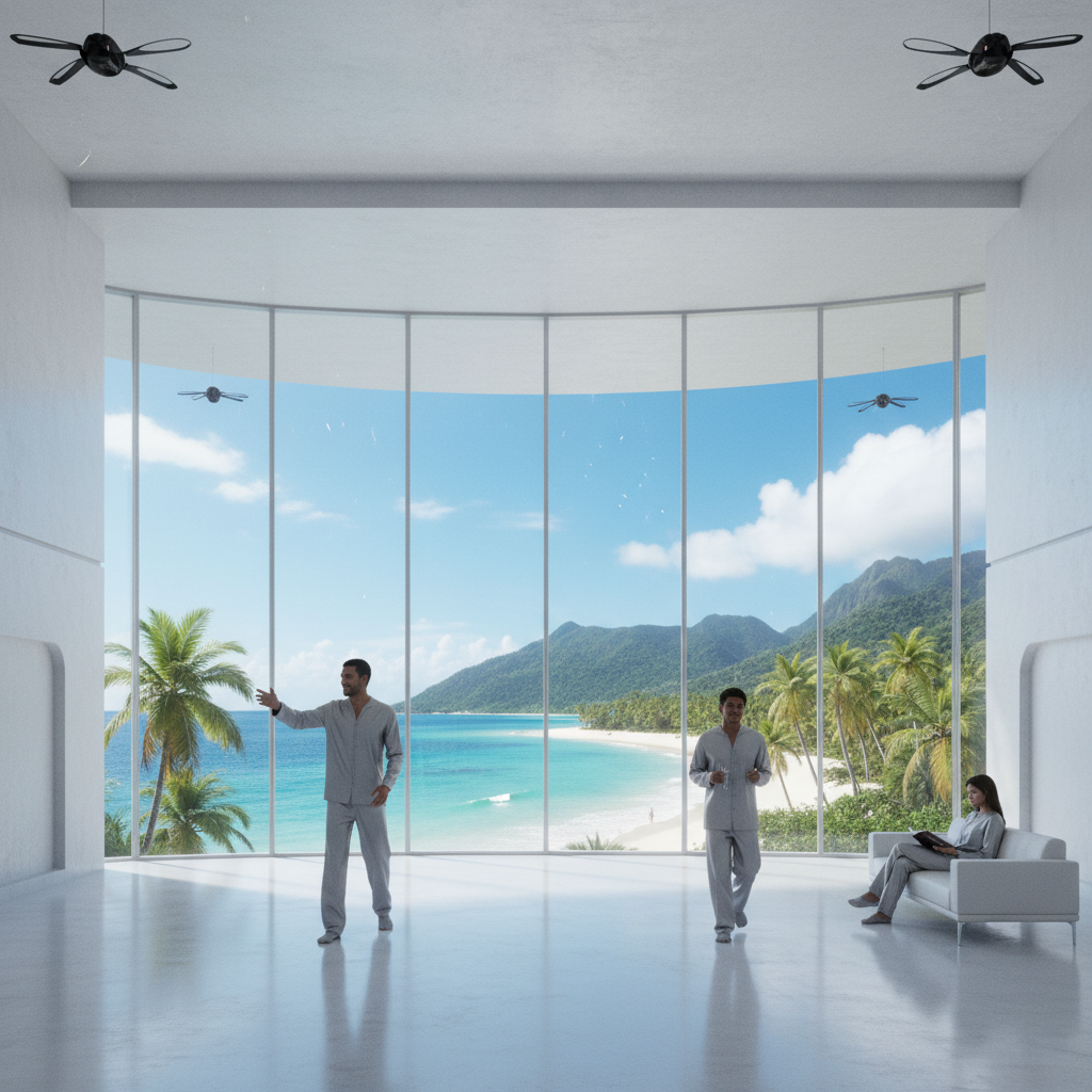 A pristine, modern prison facility overlooking a beautiful tropical island and ocean, with calm prisoners inside.