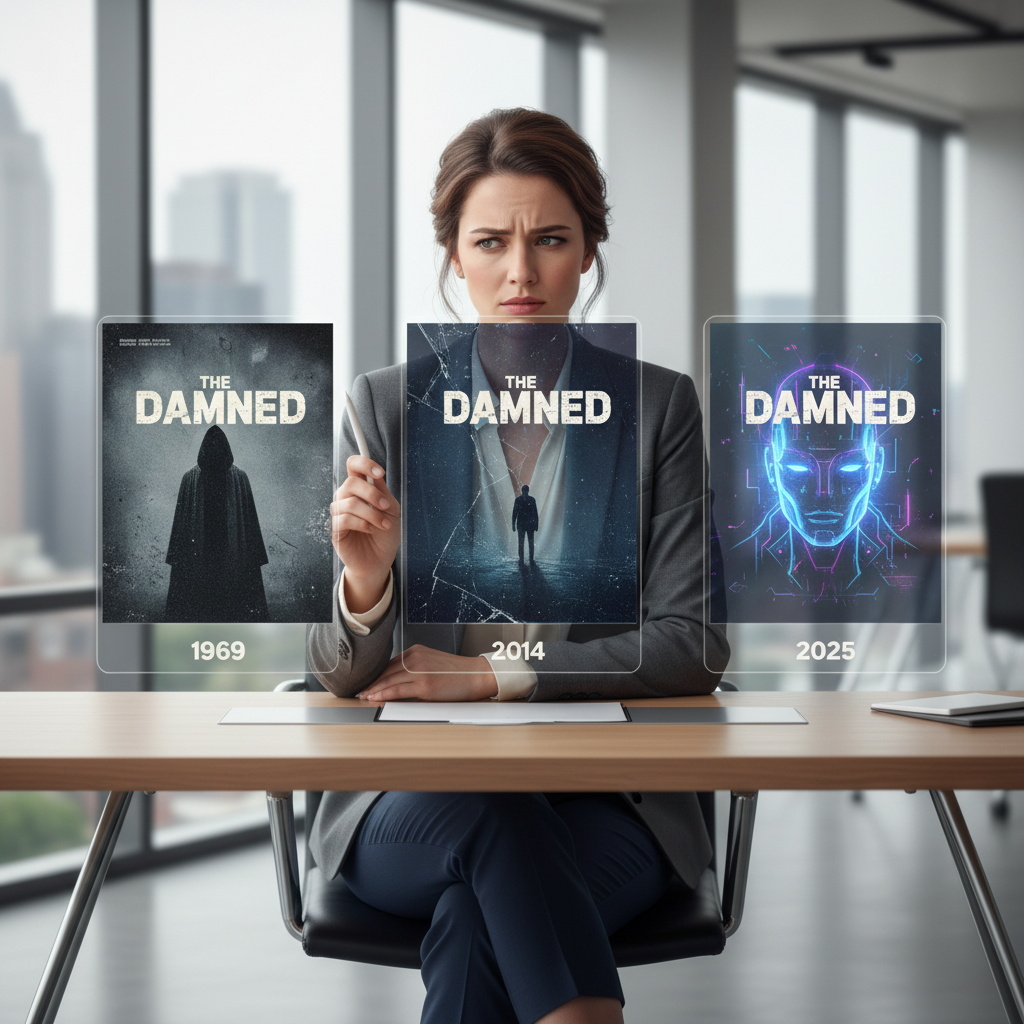 A professional in a corporate office analyzing different stylistic versions of 'The Damned' movie titles on digital screens.