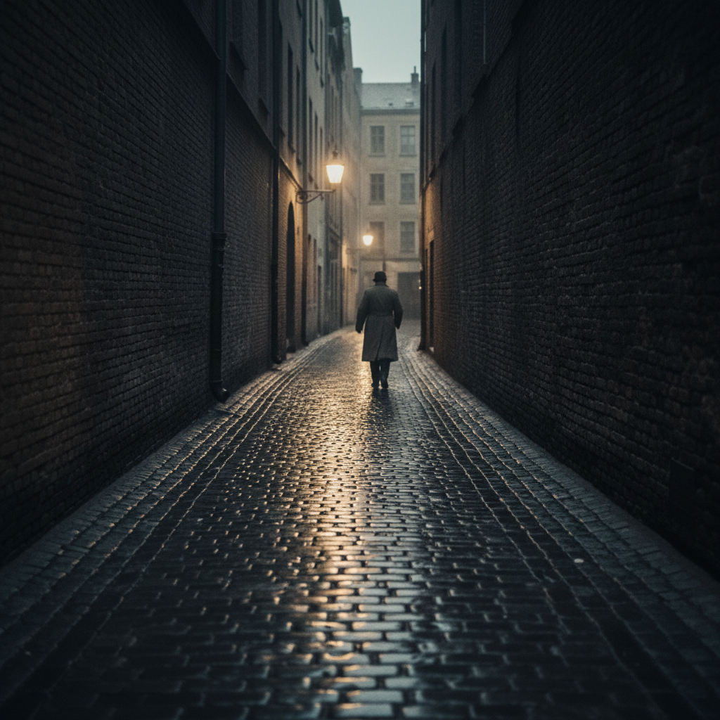 A professional stock photo of a dimly lit, rain-slicked European alleyway from the WWII era, with a silhouetted figure in a trench coat walking away, evoking the clandestine operations of the resistance.
