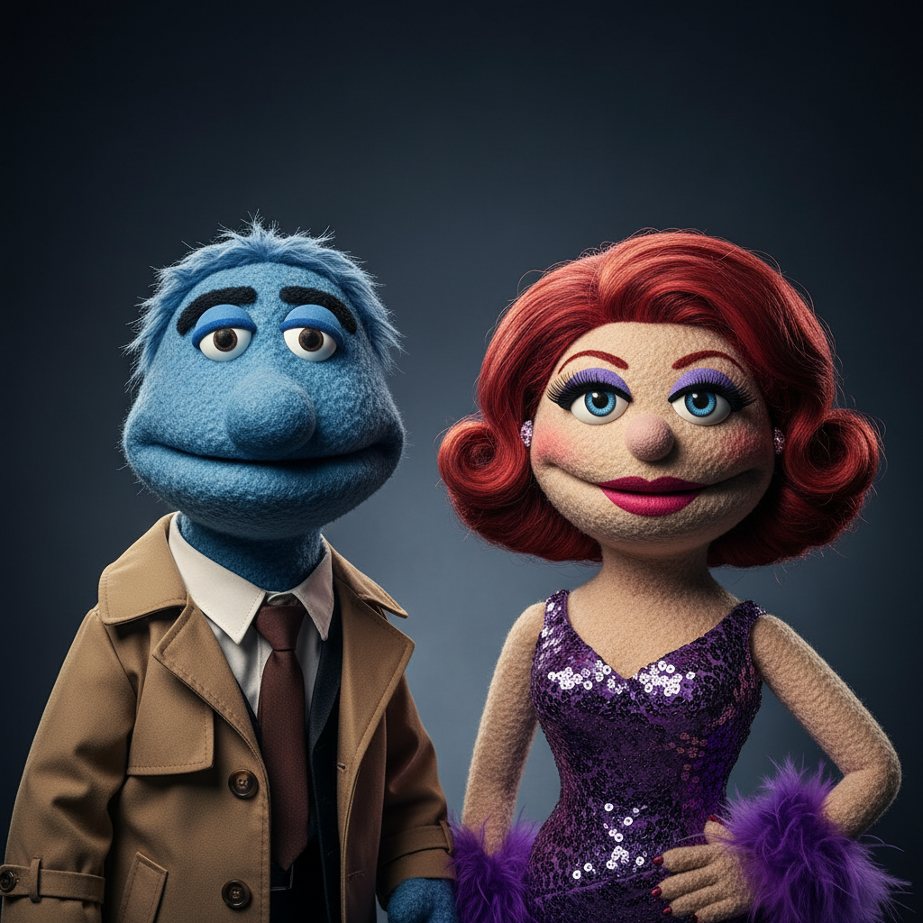 A professional studio portrait of the blue puppet detective Phil Philips and a glamorous red female puppet.
