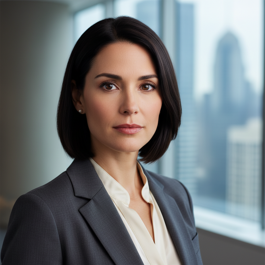 A serious and intelligent businesswoman in a professional headshot, looking directly at the camera.