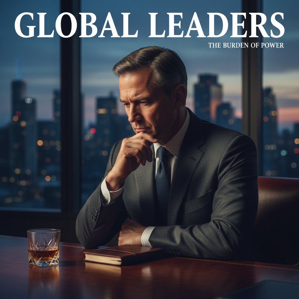 A serious man in a suit sits at a dark executive desk in a luxurious office, lost in thought, suggesting high stakes and a pivotal decision.