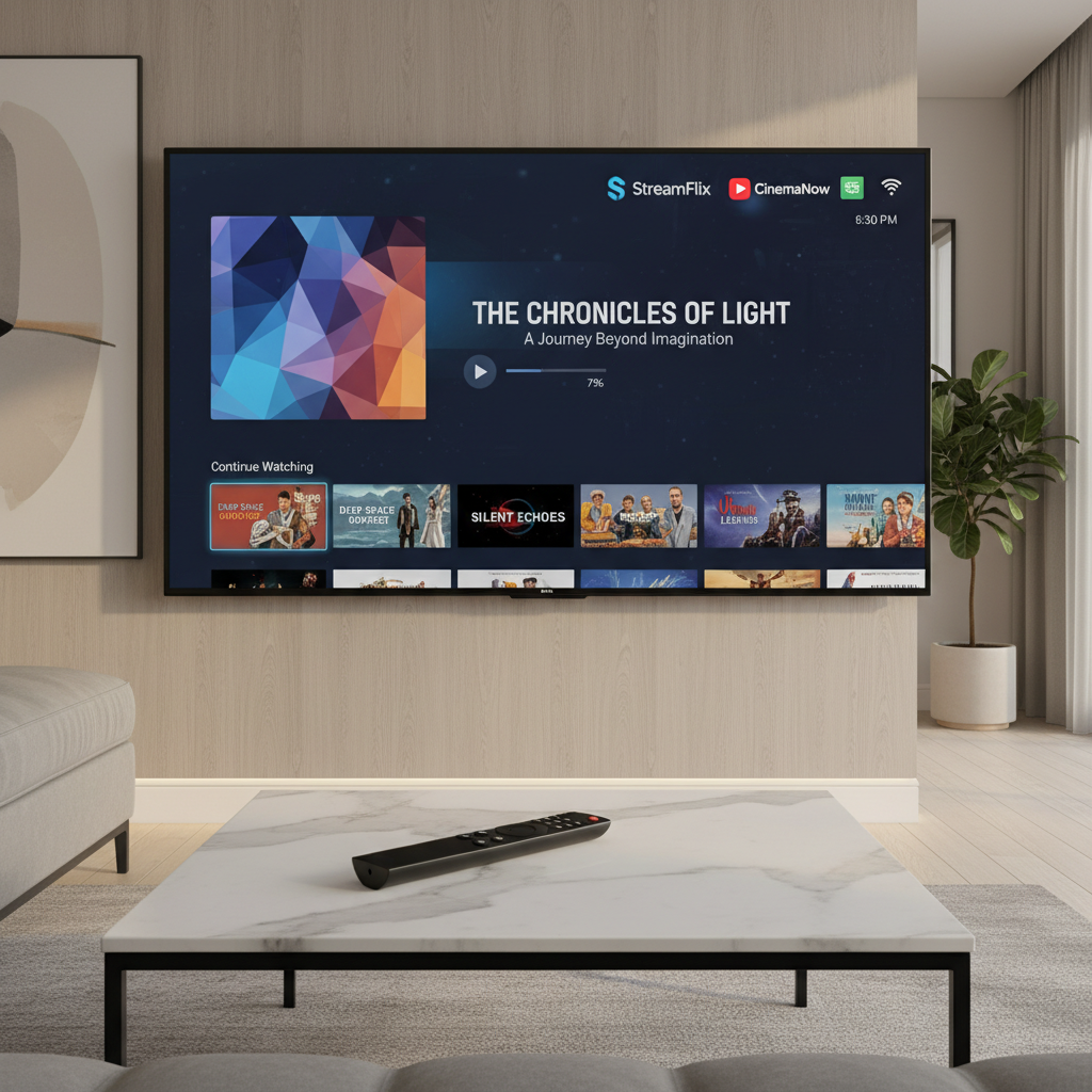 A smart TV screen displaying a streaming service interface, with a remote control on a coffee table.