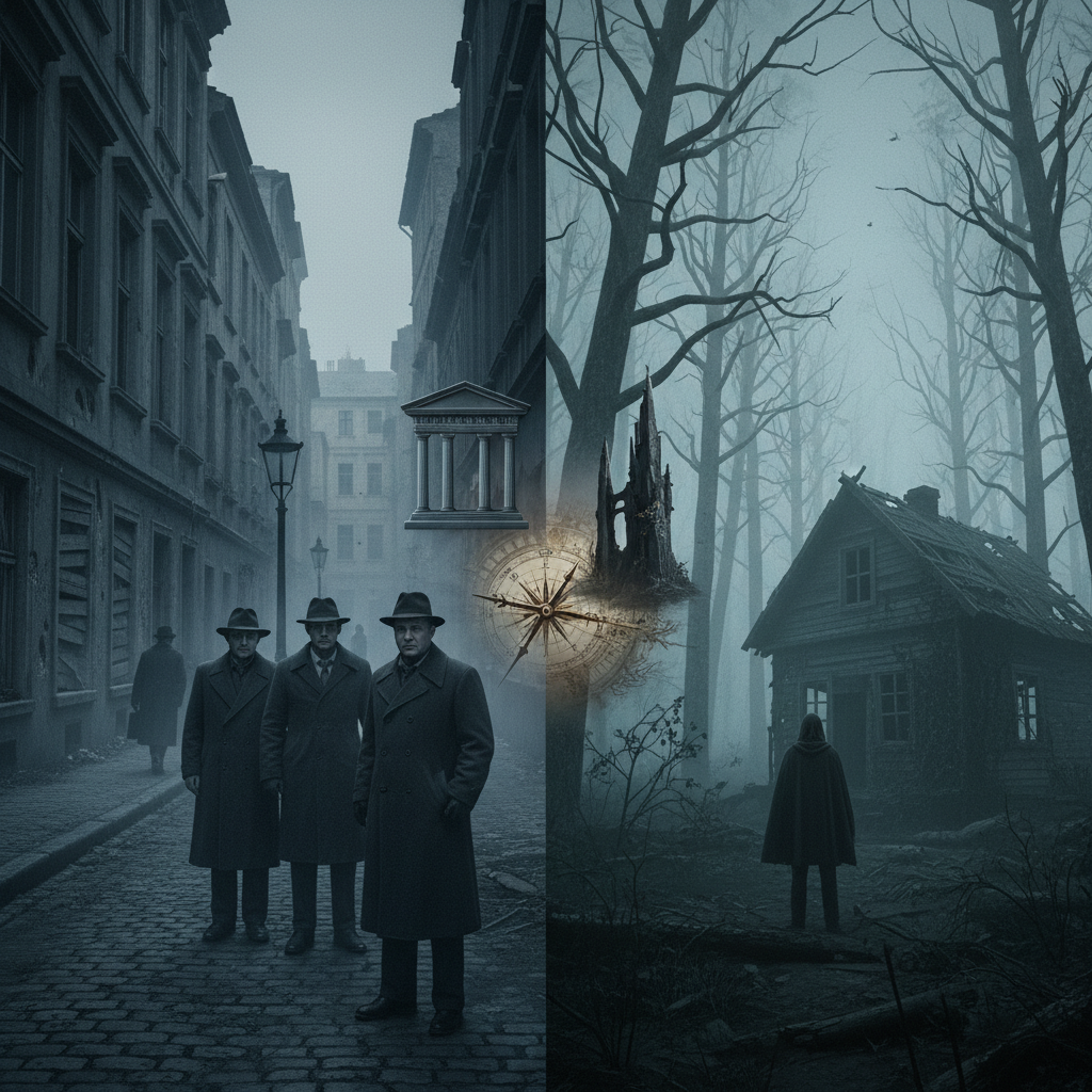 A split image visually contrasting a historical European war drama scene with a modern, desolate horror film setting, symbolizing different film versions.