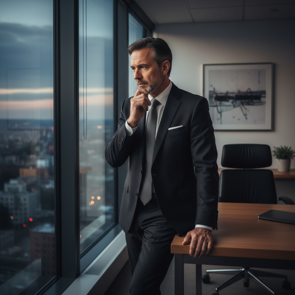 A stressed businessman in a suit looks out a high-rise office window at dusk.