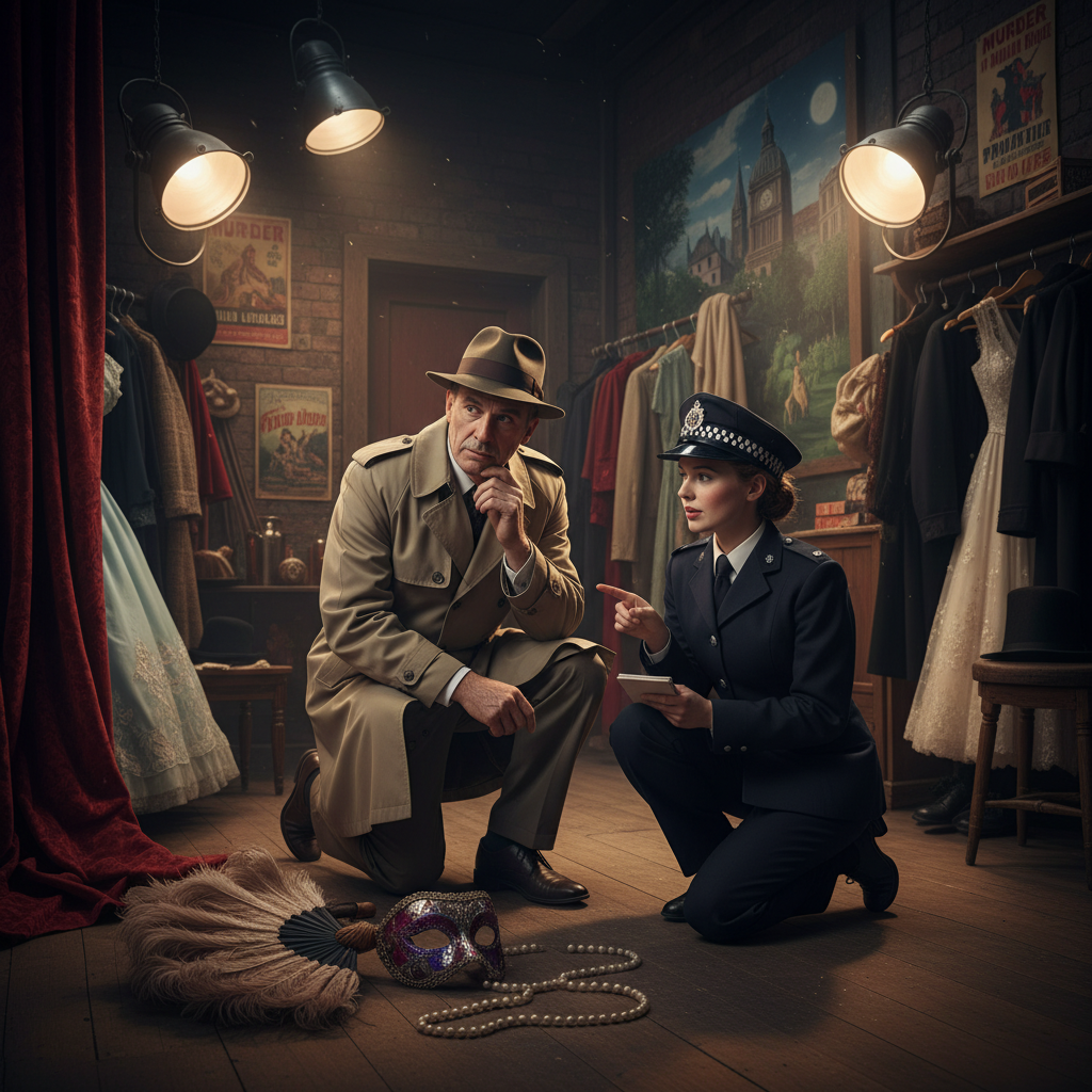 A stylized image of a detective and a constable investigating a clue backstage in a 1950s London theater.