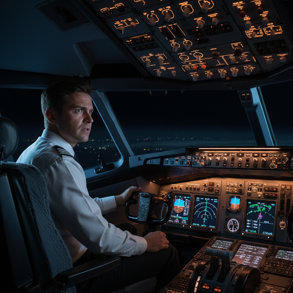 A tense airline pilot focused in a dimly lit cockpit.