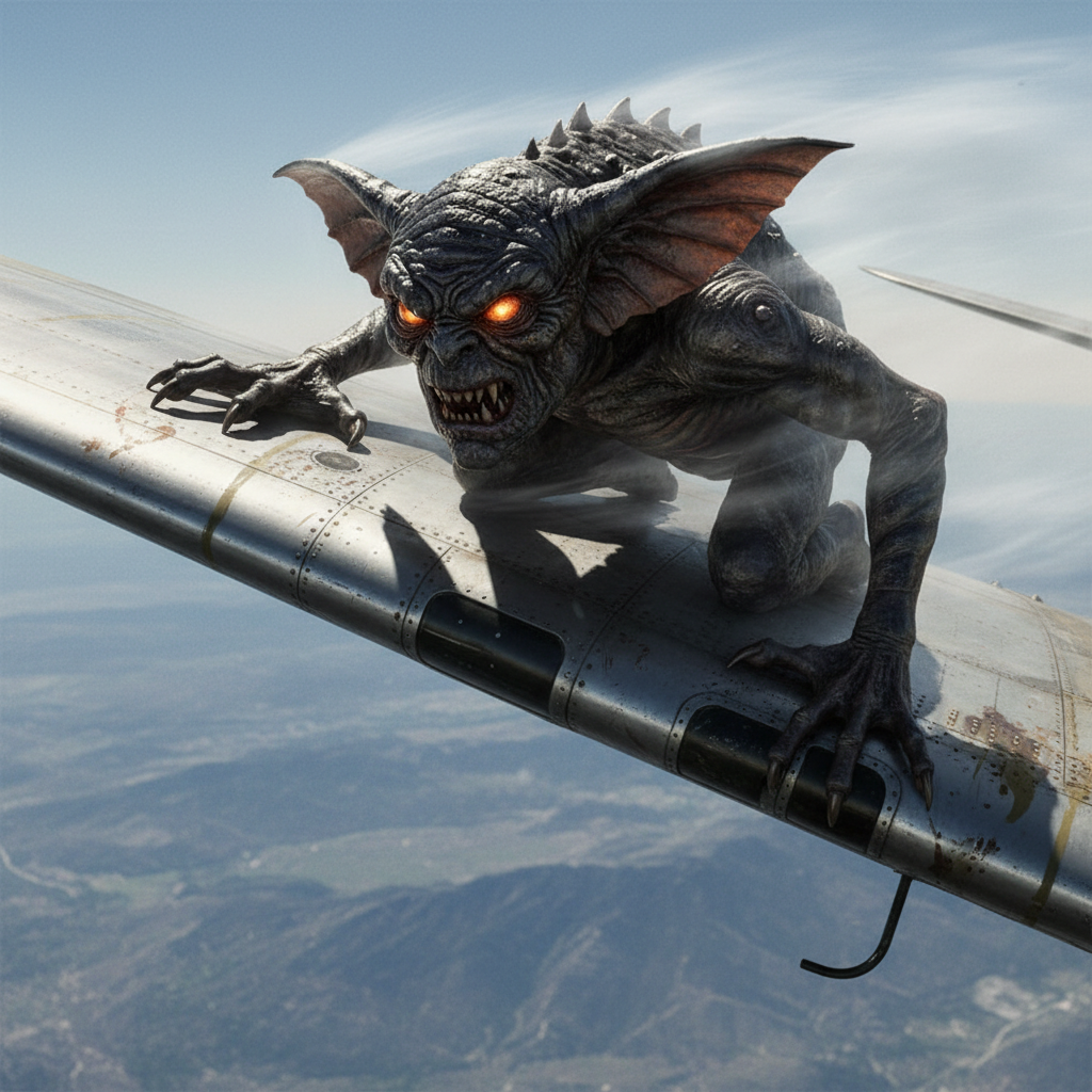 A terrifying gremlin creature with leathery skin and sharp claws clinging to the wing of a B-17 bomber.