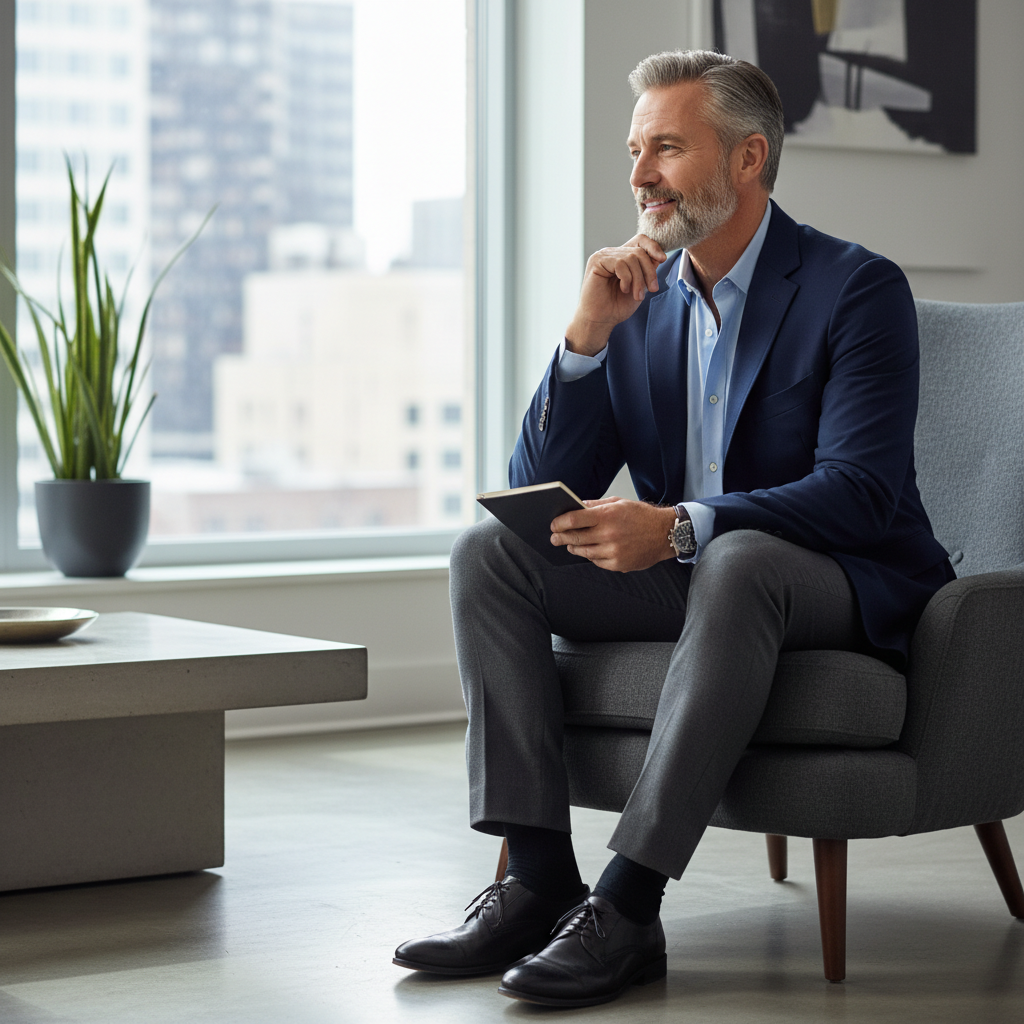A thoughtful middle-aged male actor in a professional studio lounge, contemplating his career and public persona.
