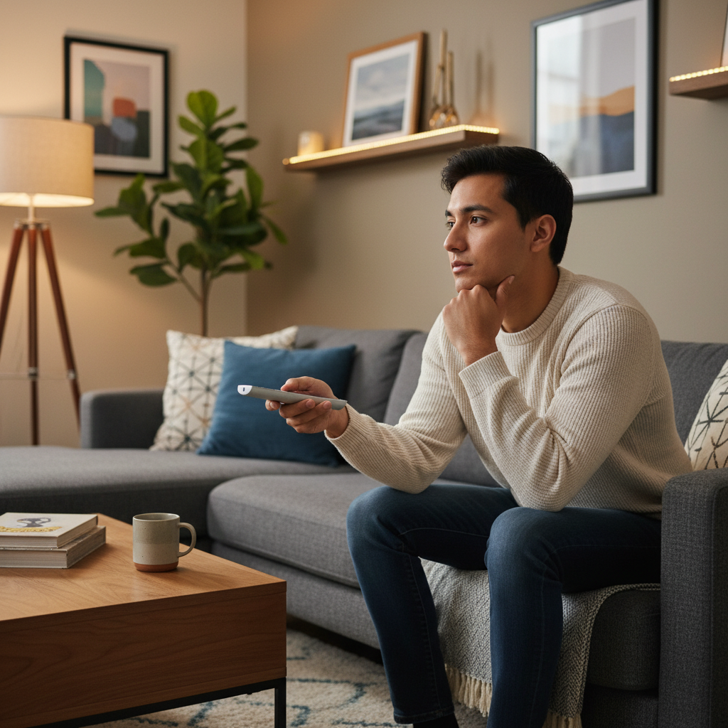 A thoughtful person on a sofa holding a remote, contemplating a movie.