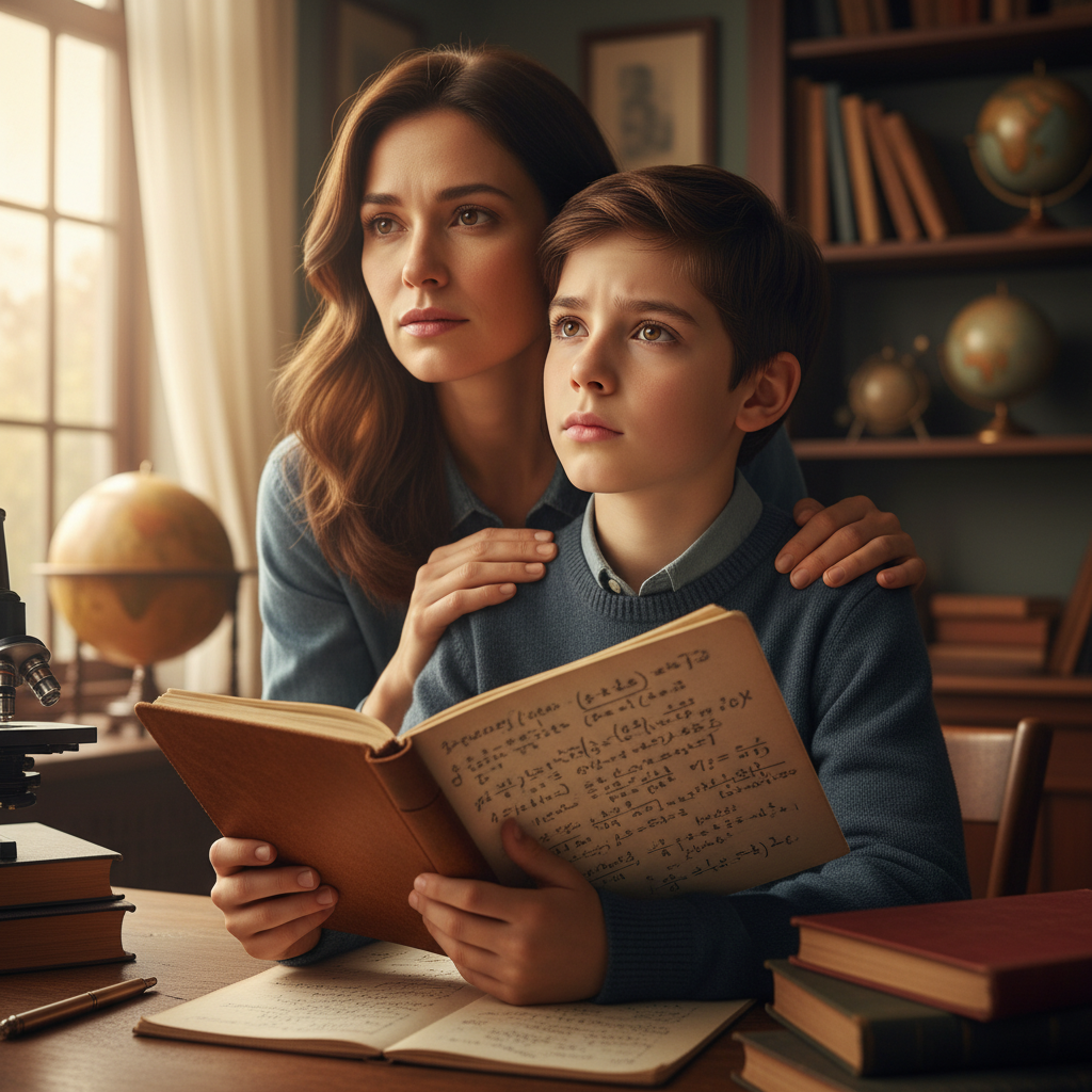 A thoughtful young boy holding an open notebook with his concerned mother standing behind him, in a warmly lit home setting.
