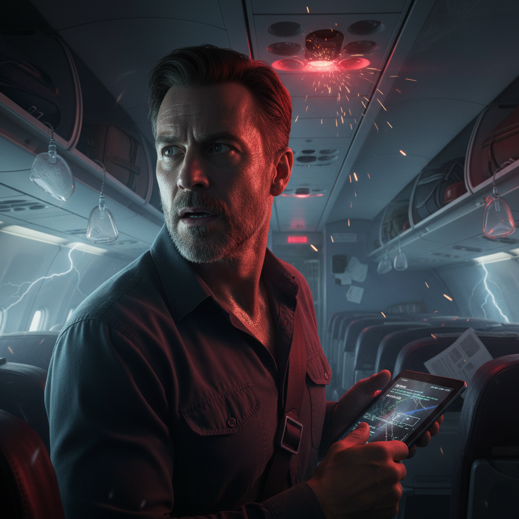 A thrilling and suspenseful image capturing a high-stakes moment inside an airplane, conveying intense action.