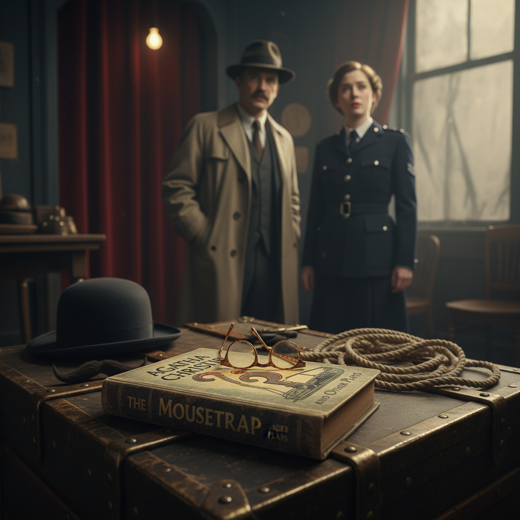 A vintage Agatha Christie novel on a prop trunk in a 1950s theater, with blurry figures of the film's detectives in the background.
