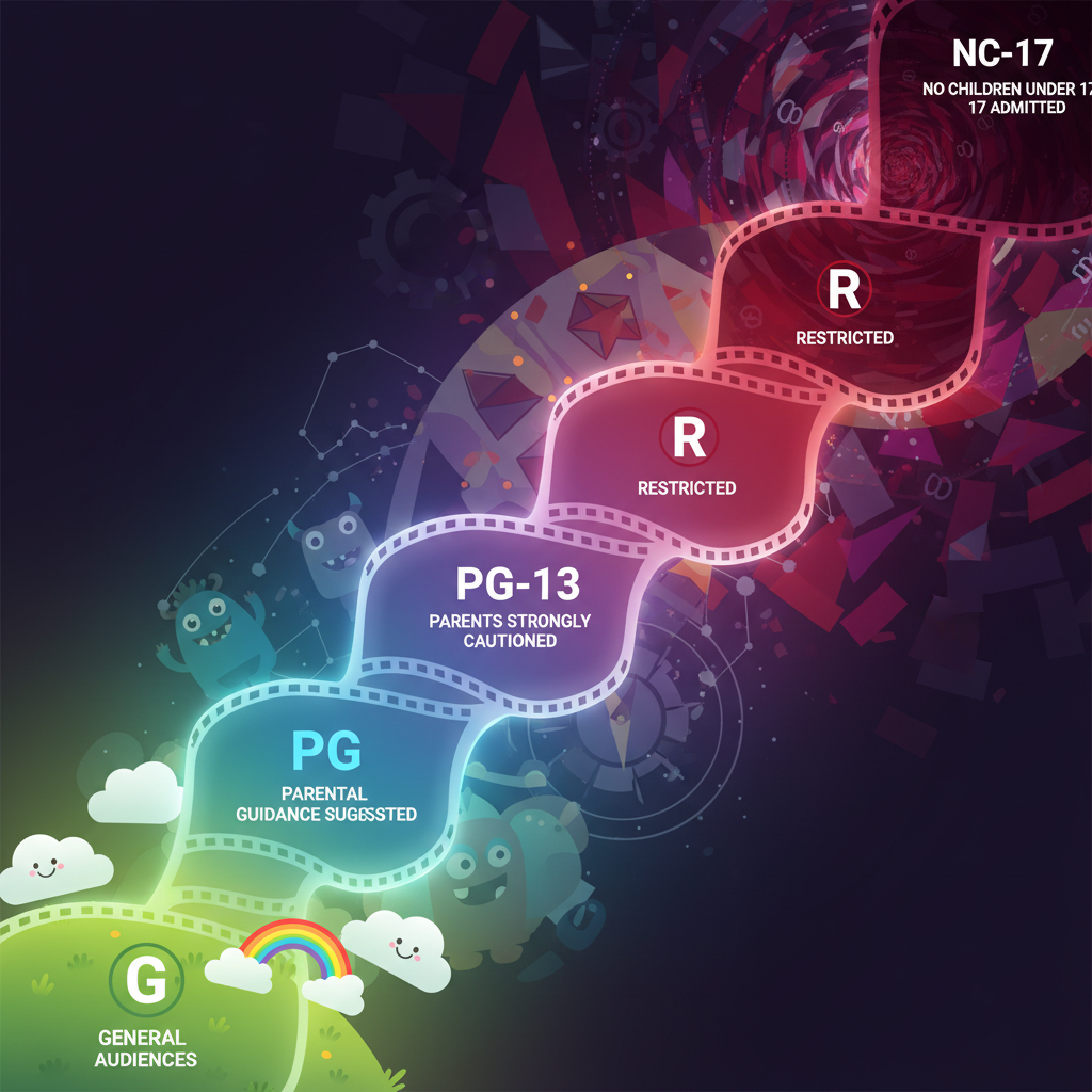A visual spectrum illustrating the progression and comparison of movie ratings from G to NC-17, showing increasing maturity.