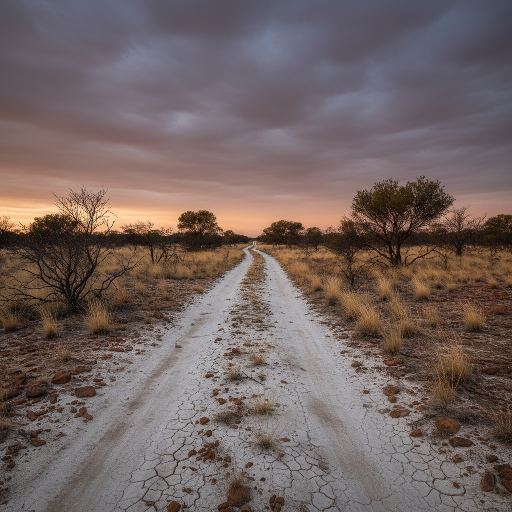 A wide, photorealistic shot of a desolate dirt road disappearing into the vast, dry Australian outback at dusk, conveying isolation and tension.