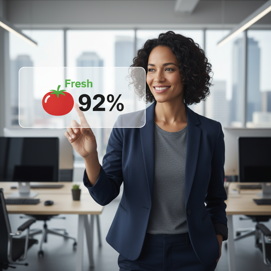 A woman in a modern office gestures towards a digital display showing the Rotten Tomatoes Tomatometer with a 'Fresh' rating.