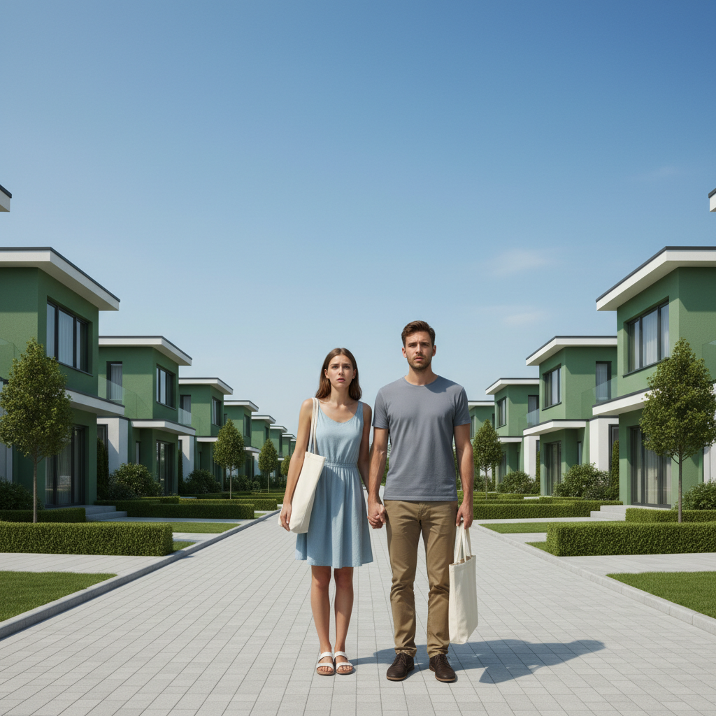 A young couple looking bewildered on a perfectly identical suburban street with uniform green houses, conveying a sense of surreal conformity.