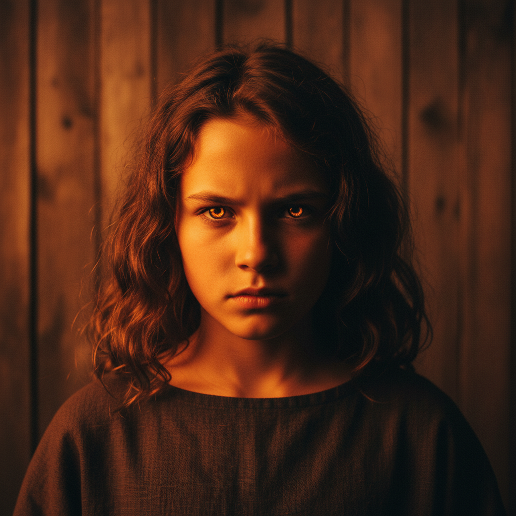 A young girl's face illuminated by a dramatic orange glow, conveying intense power, in a professional portrait style.