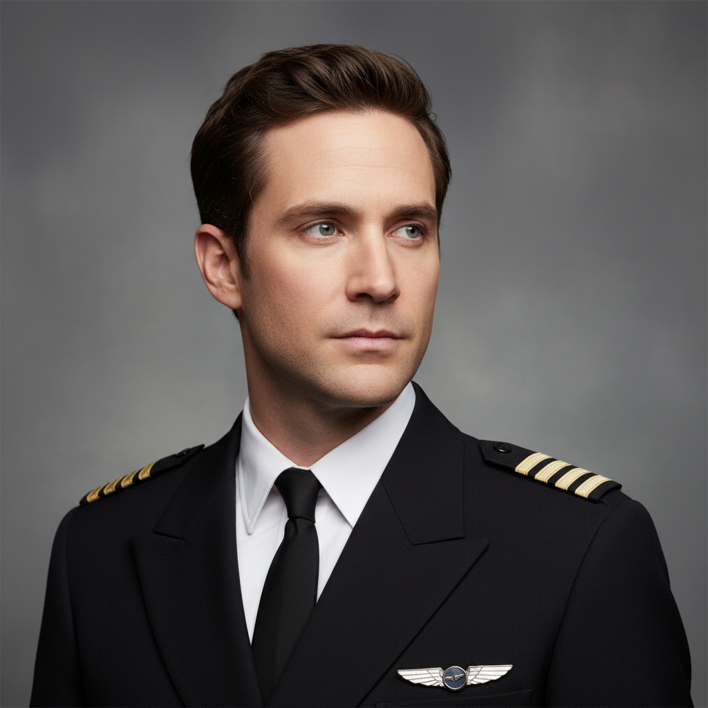 Actor Joseph Gordon-Levitt in a pilot's uniform, looking serious.