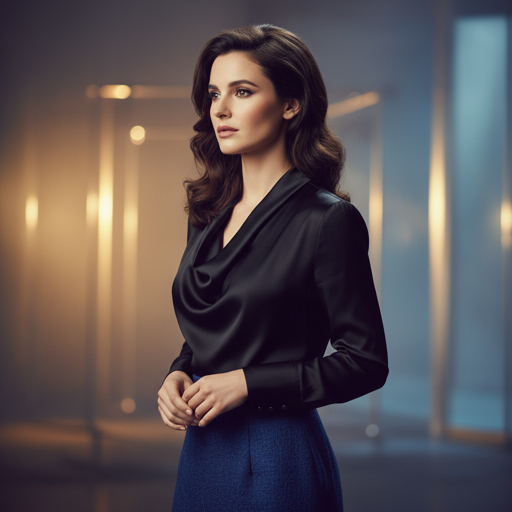 Actress Camilla Belle in a sophisticated, thoughtful pose.